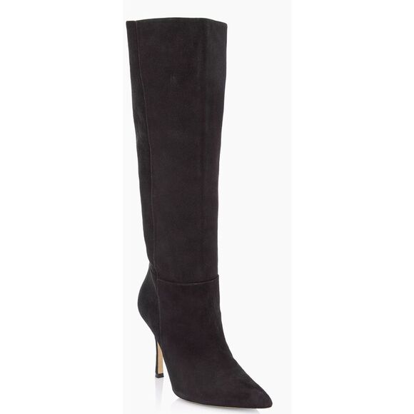 Larroude Knee High Boots Black Suede Size 10 Pointed Toe High Heel Leather Sole - Picture 1 of 11